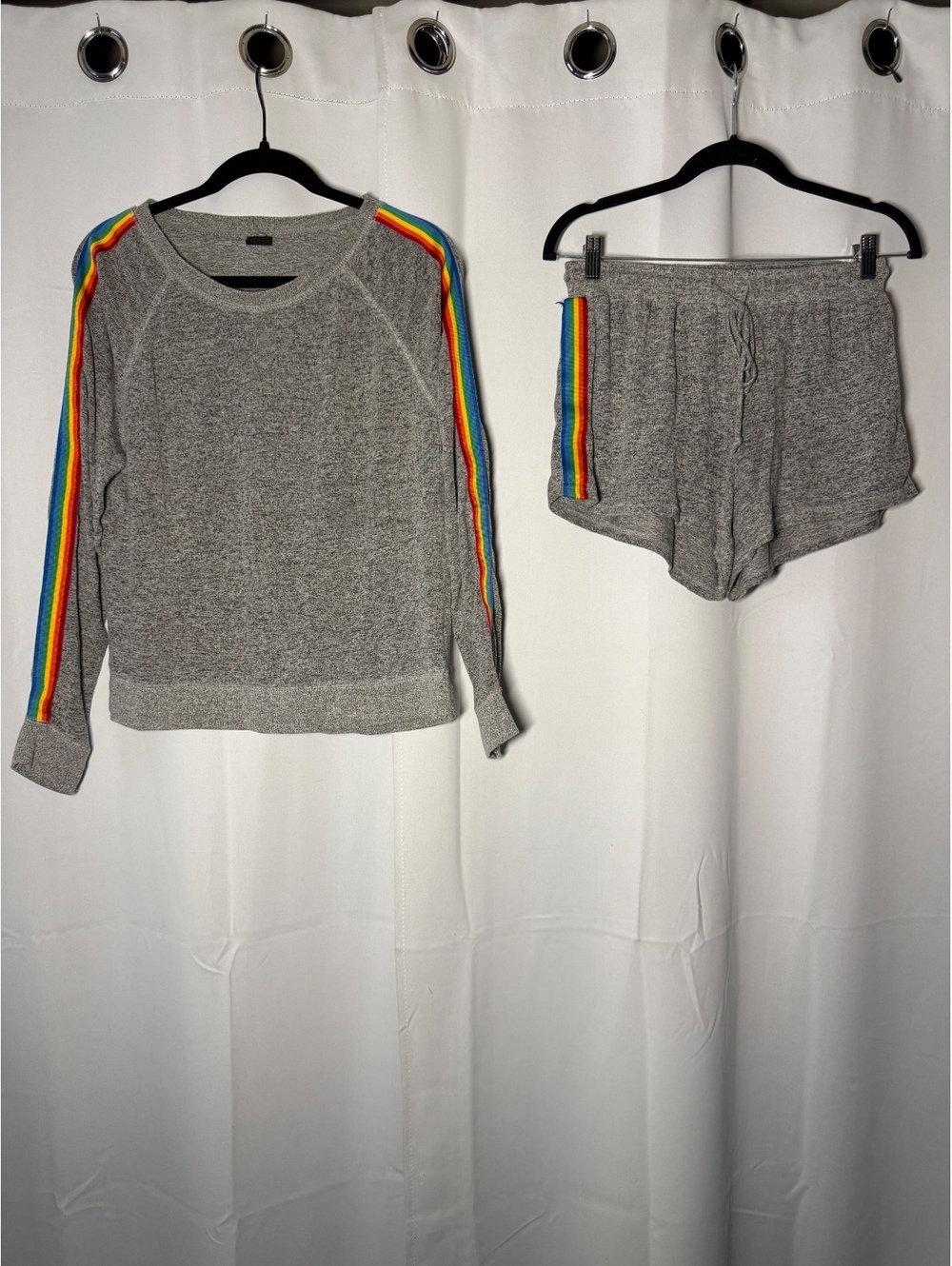 Free Press Women's Grey Sweatshirt and Shorts Lounge Set with Rainbow Stripe - Picture 1 of 7